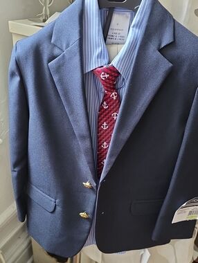 Nautica Navy Suit with Khaki Pants Gold Buttons and Red Anchor Tie